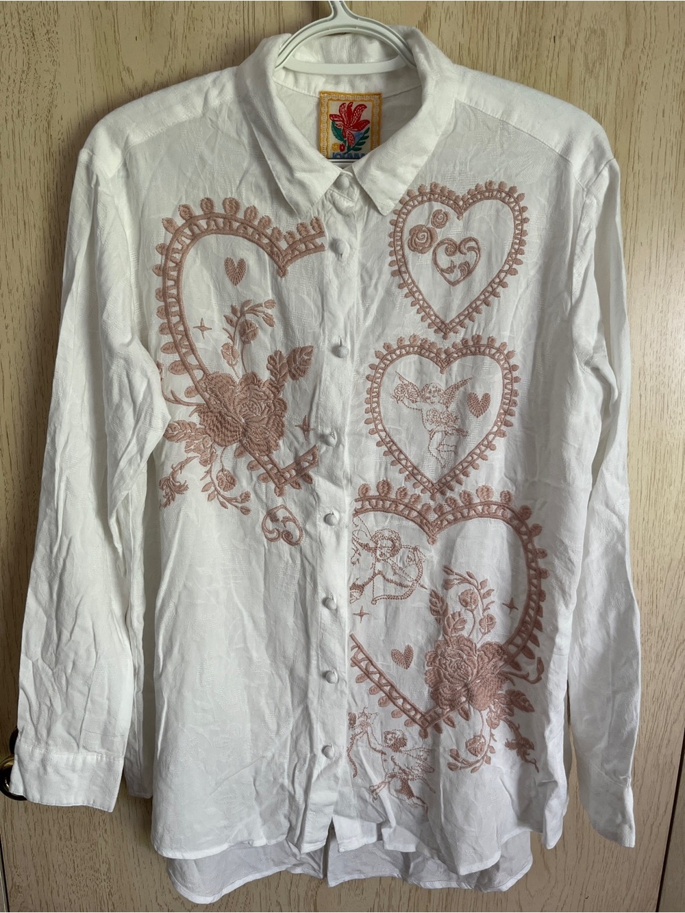 JOHNNY WAS Cherub Heart Embroidered Button Front Blouse NWT Sz Small
